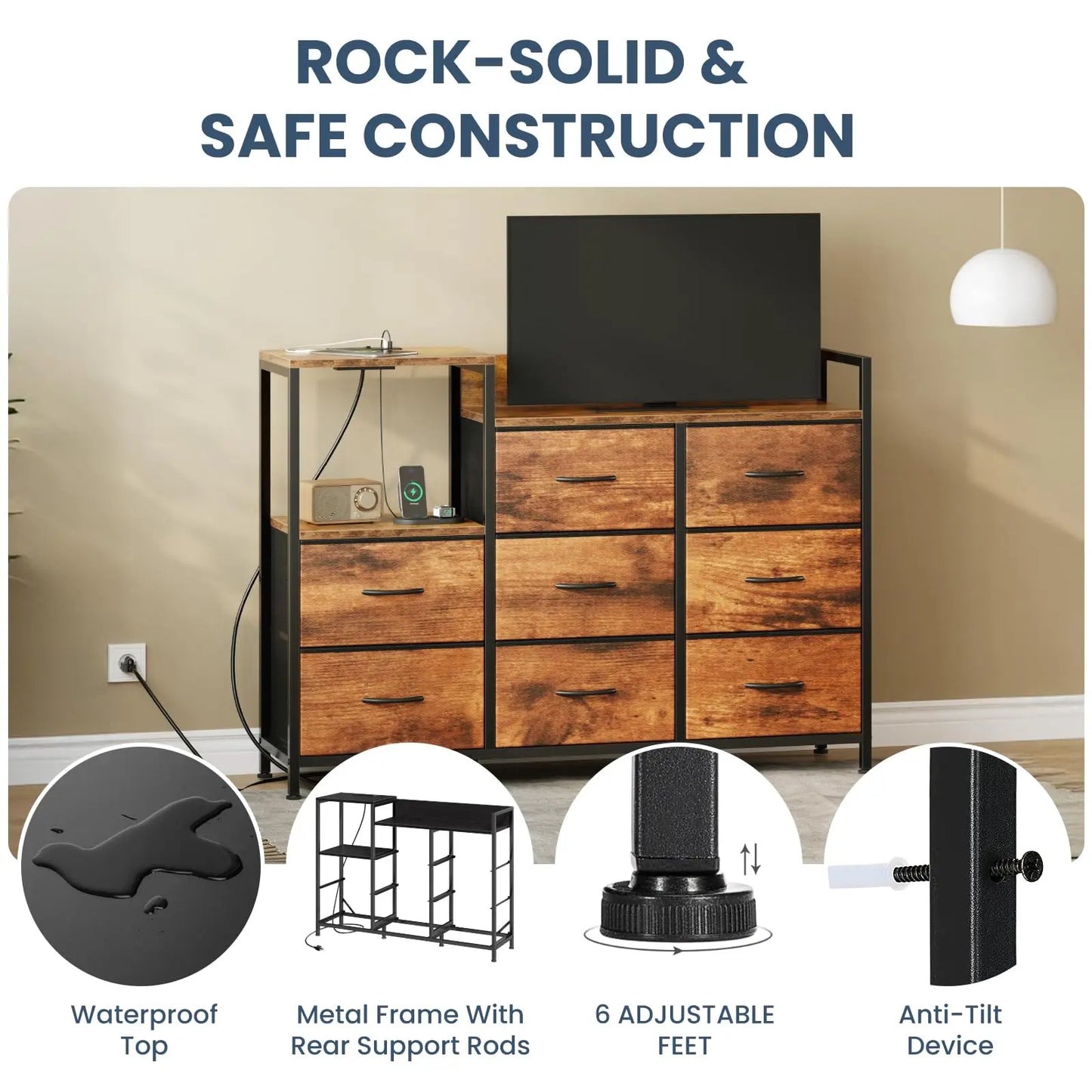 JHK Cabinet With 8 Fabric Drawers TV Stand Charging Station