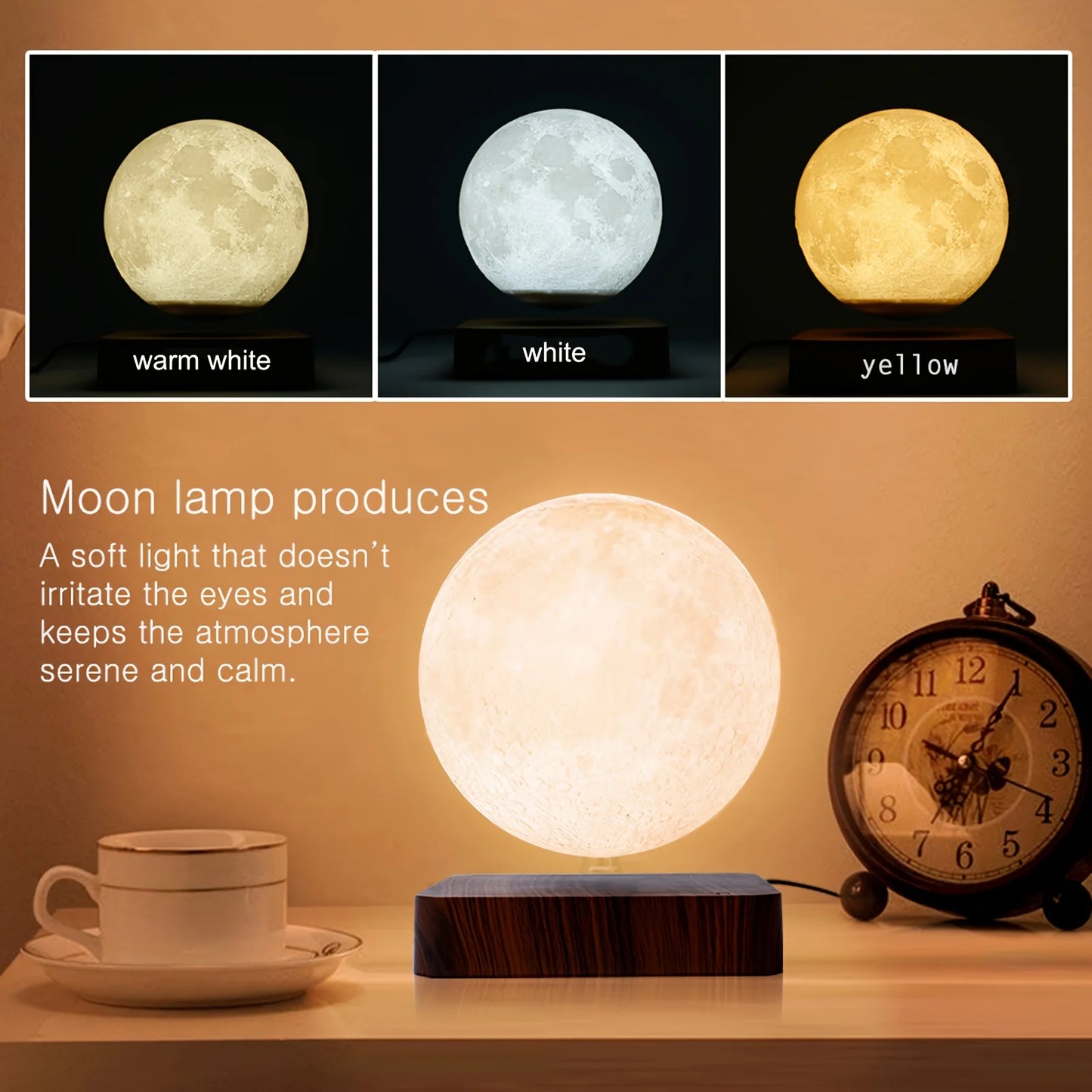 Mexllex Magnetic Floating Moon Lamp With Wooden Base, 3 Color Temperature LEDs