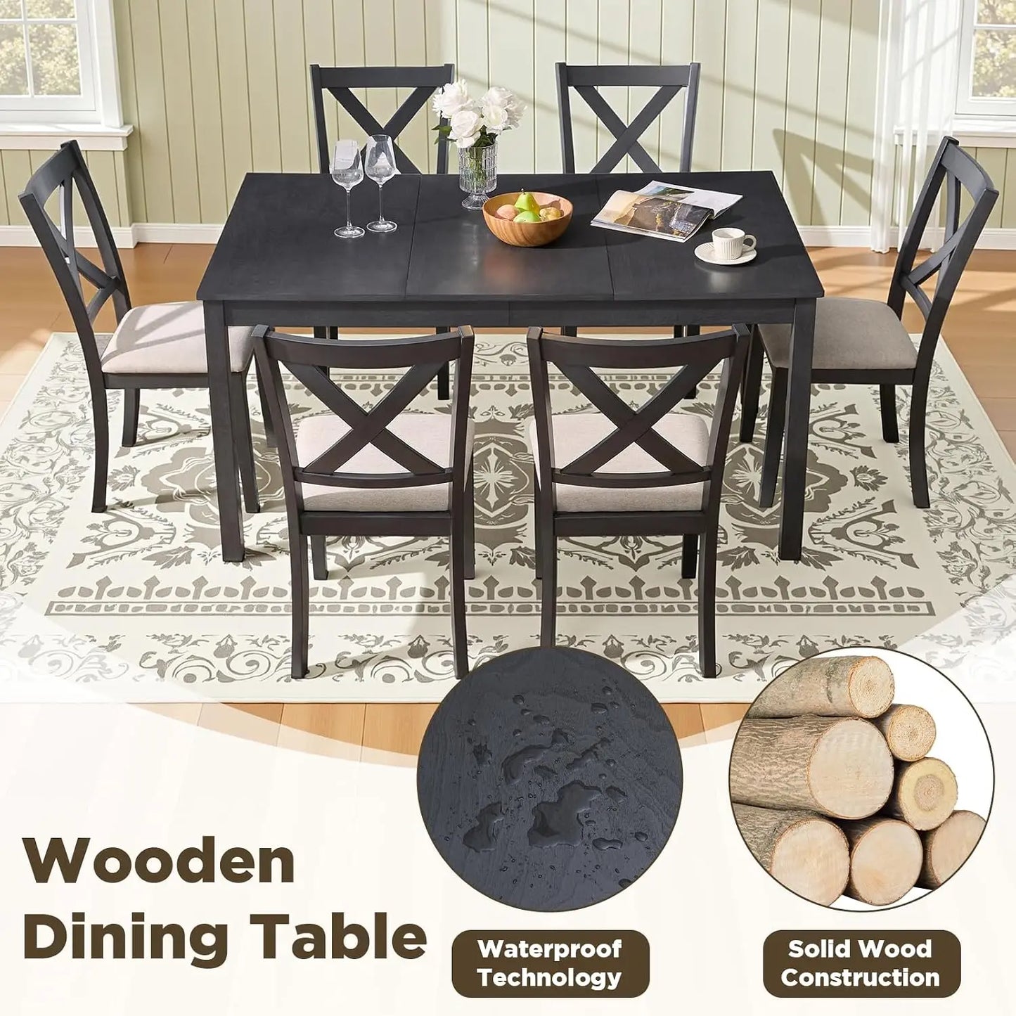 Premium Solid Wood Farmhouse Dining Table Set Seats Six