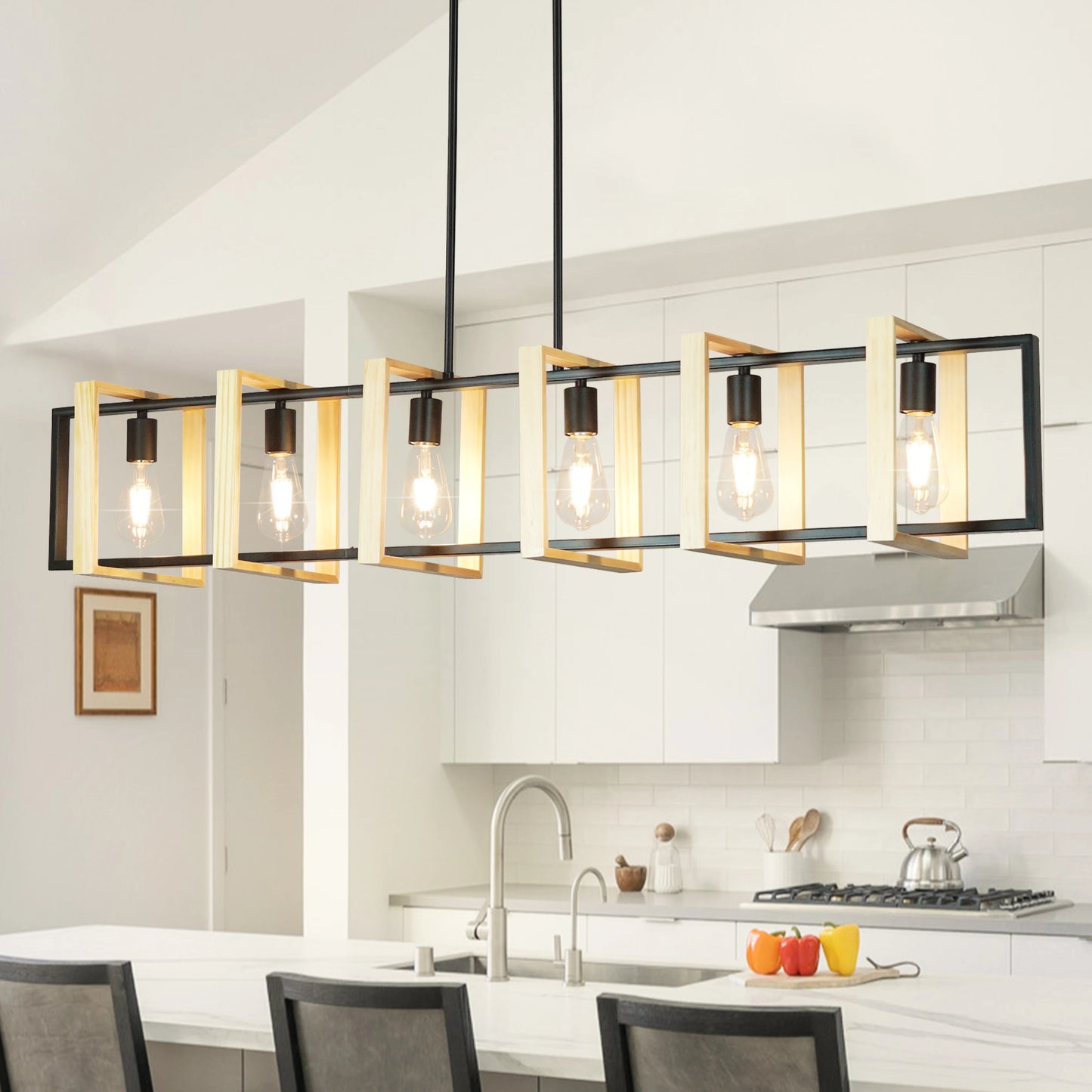Modern Farmhouse Kitchen Island Pendant Lights With Wood Shades Dimmable