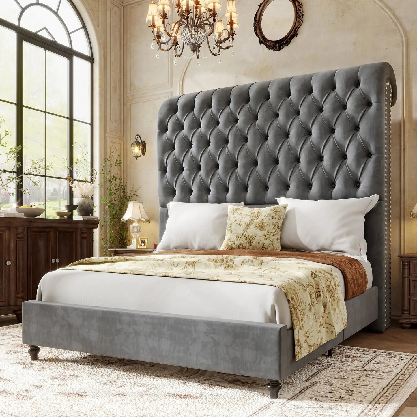 Jocisland King Bed Frame With 59 Inch Velvet Tufted Headboard