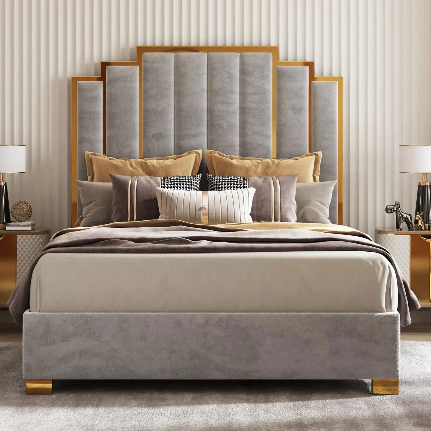 Amerlife Upholstered Bed With Gold Trim Headboard No Box Spring
