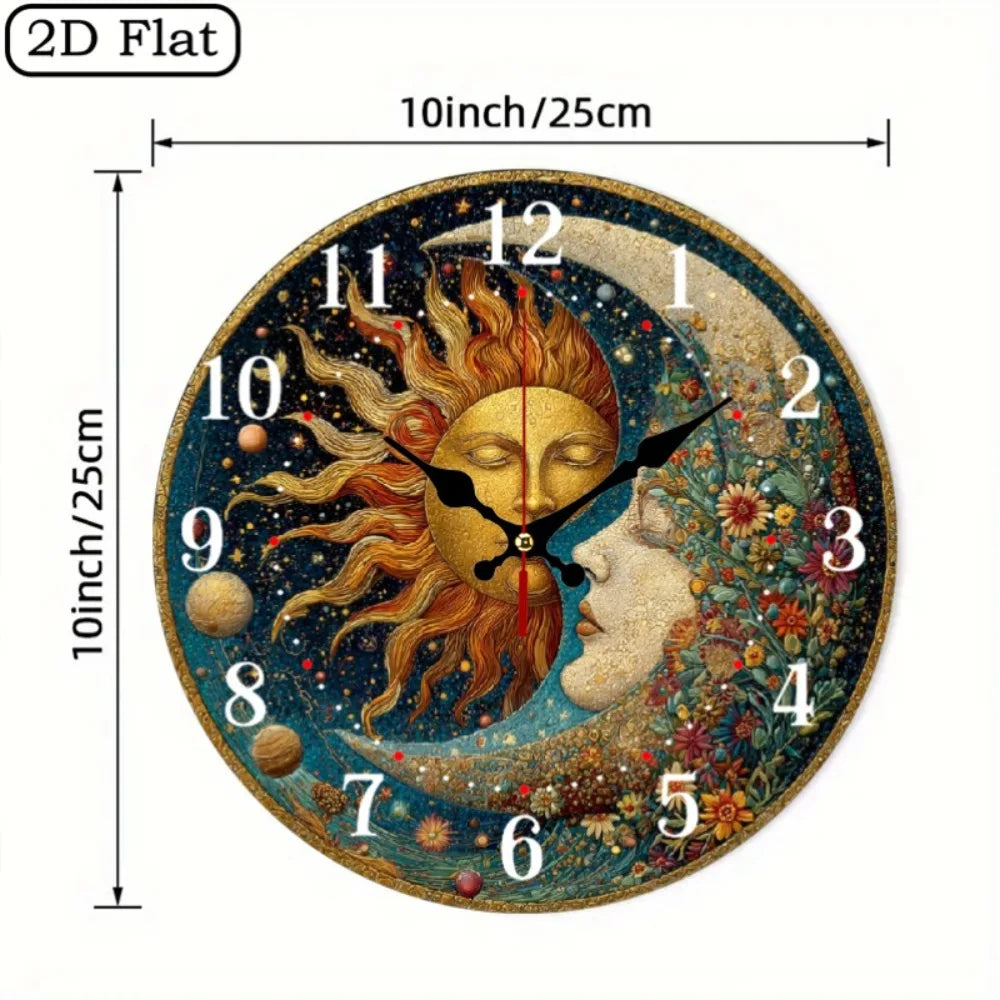 YTYIN Wooden Wall Clock Vintage Sun Moon Silent Quartz Design