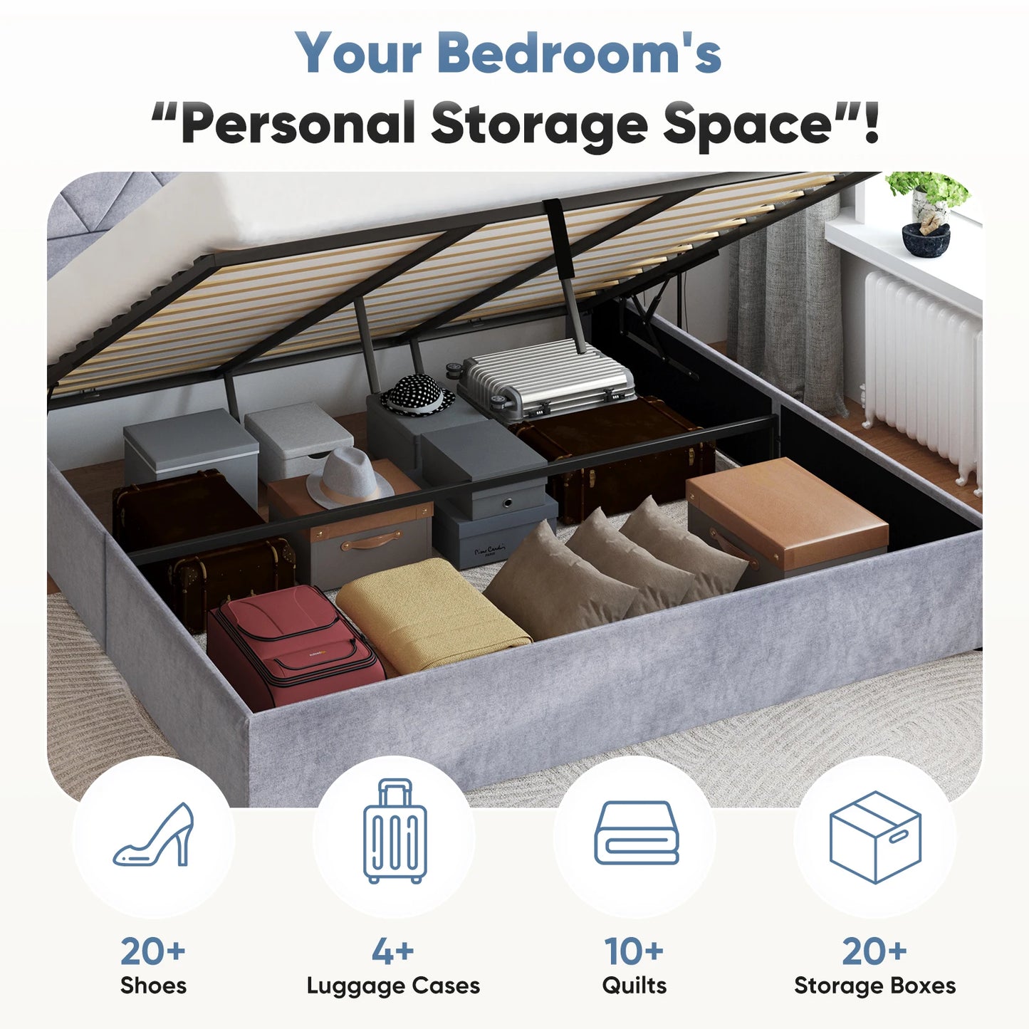 JHK Modern Wingback Platform Bed With Hydraulic Lift Storage