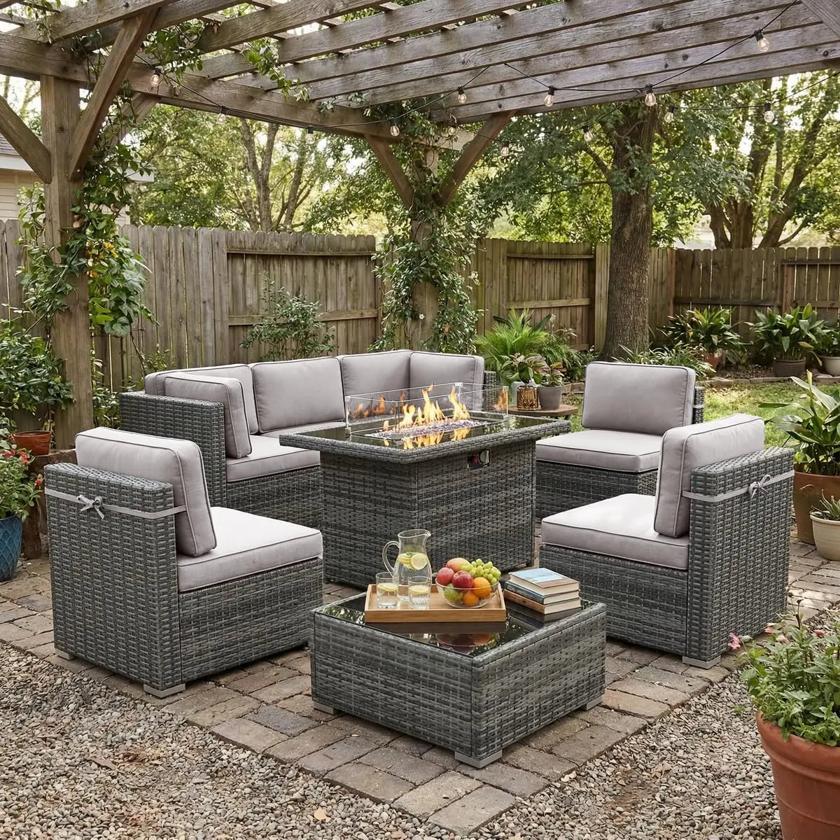 Outdoor Patio Furniture Set With Fire Pit Table In Wicker Rattan