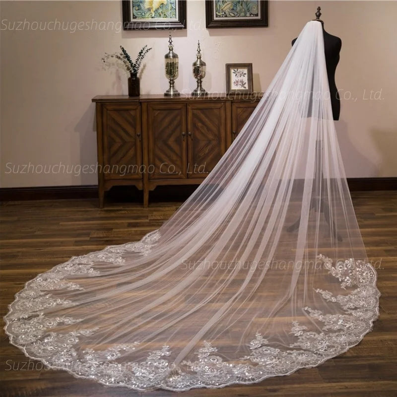 Luxury Cathedral Bridal Wedding Veil With Soft Lace Appliques Edge