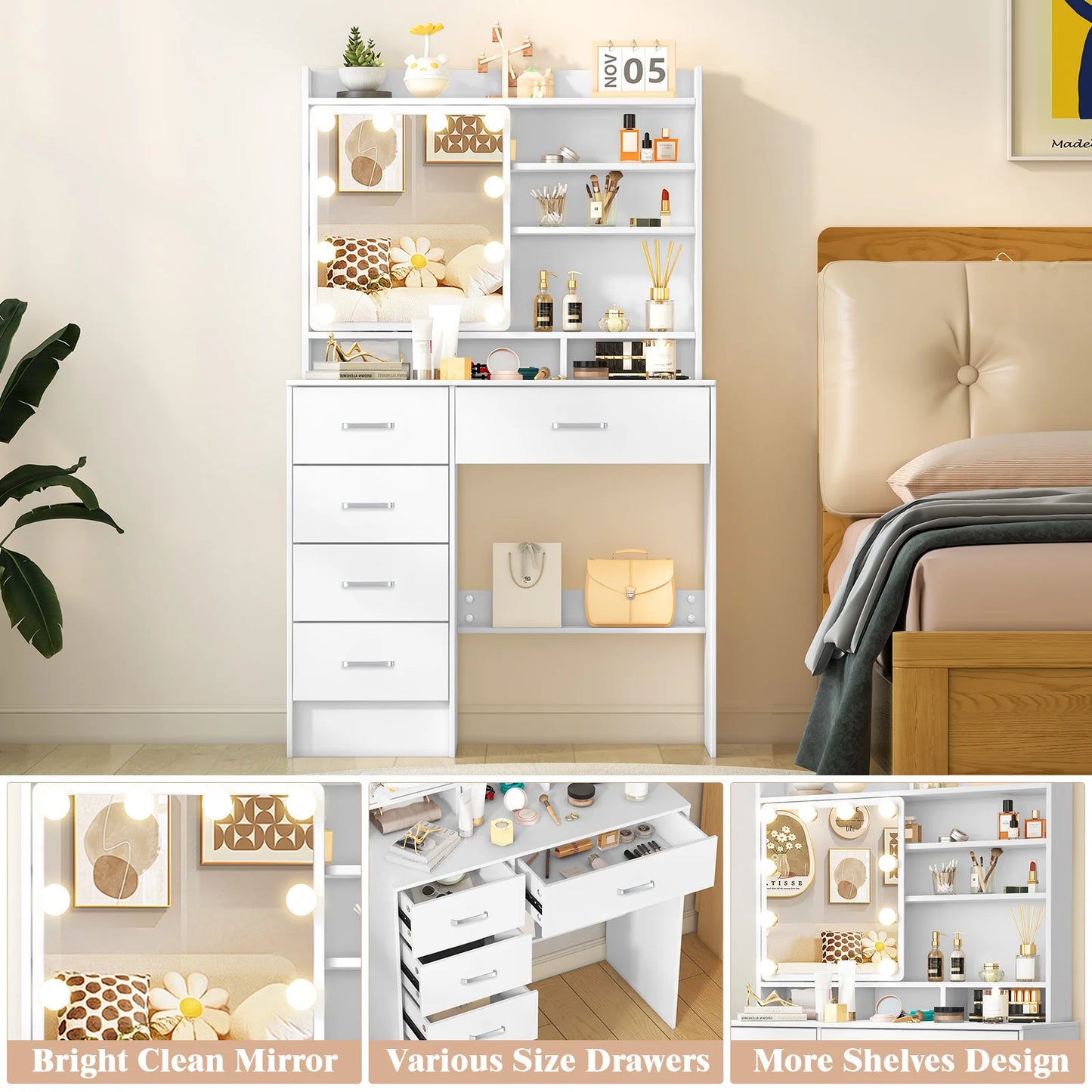 Teousev Vanity Dressing Table With LED Mirror And 5 Drawers