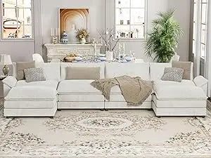 U Shaped Sectional Sofa In Chenille With Removable Ottoman Sleeper