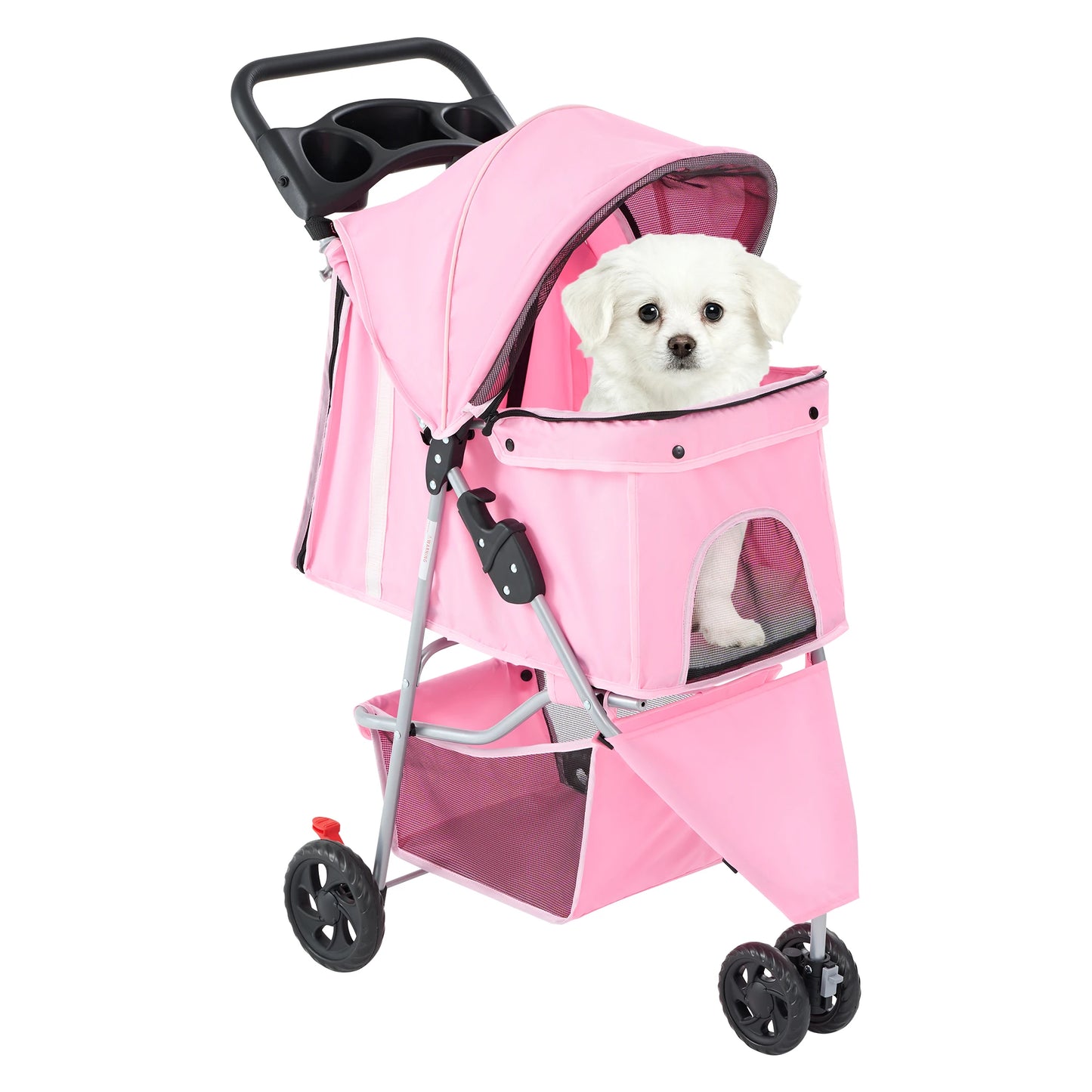 3 Wheel Foldable Pet Stroller With Mesh Windows And Cup Holder