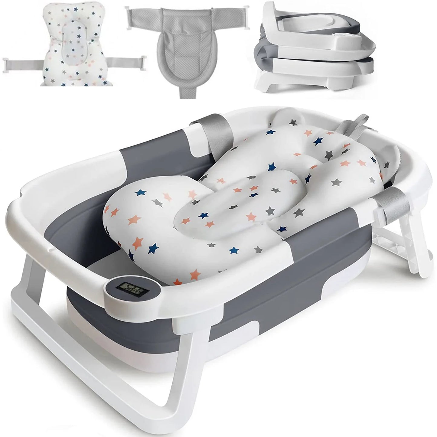 Baby Foldable Bath Tub With Thermometer Cushion Cap Brush