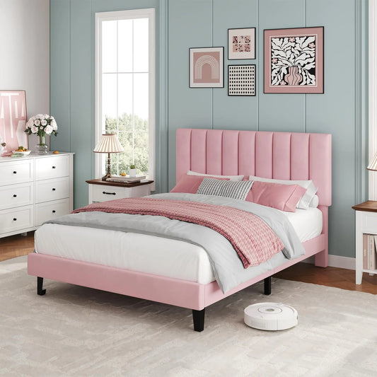 HiMiss Upholstered Platform Bed Frame With Adjustable Tufted Headboard