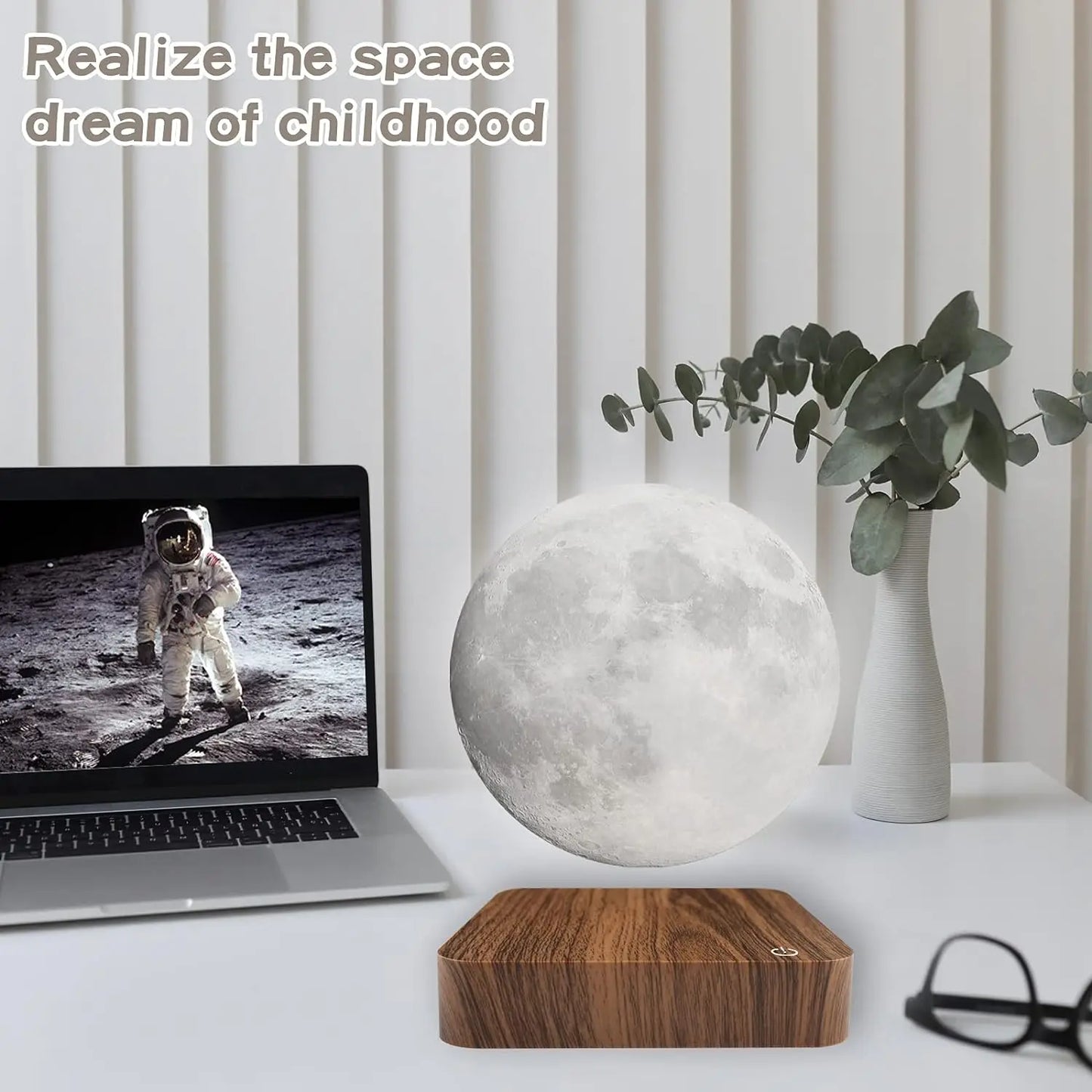Mexllex Magnetic Floating Moon Lamp With Wooden Base, 3 Color Temperature LEDs