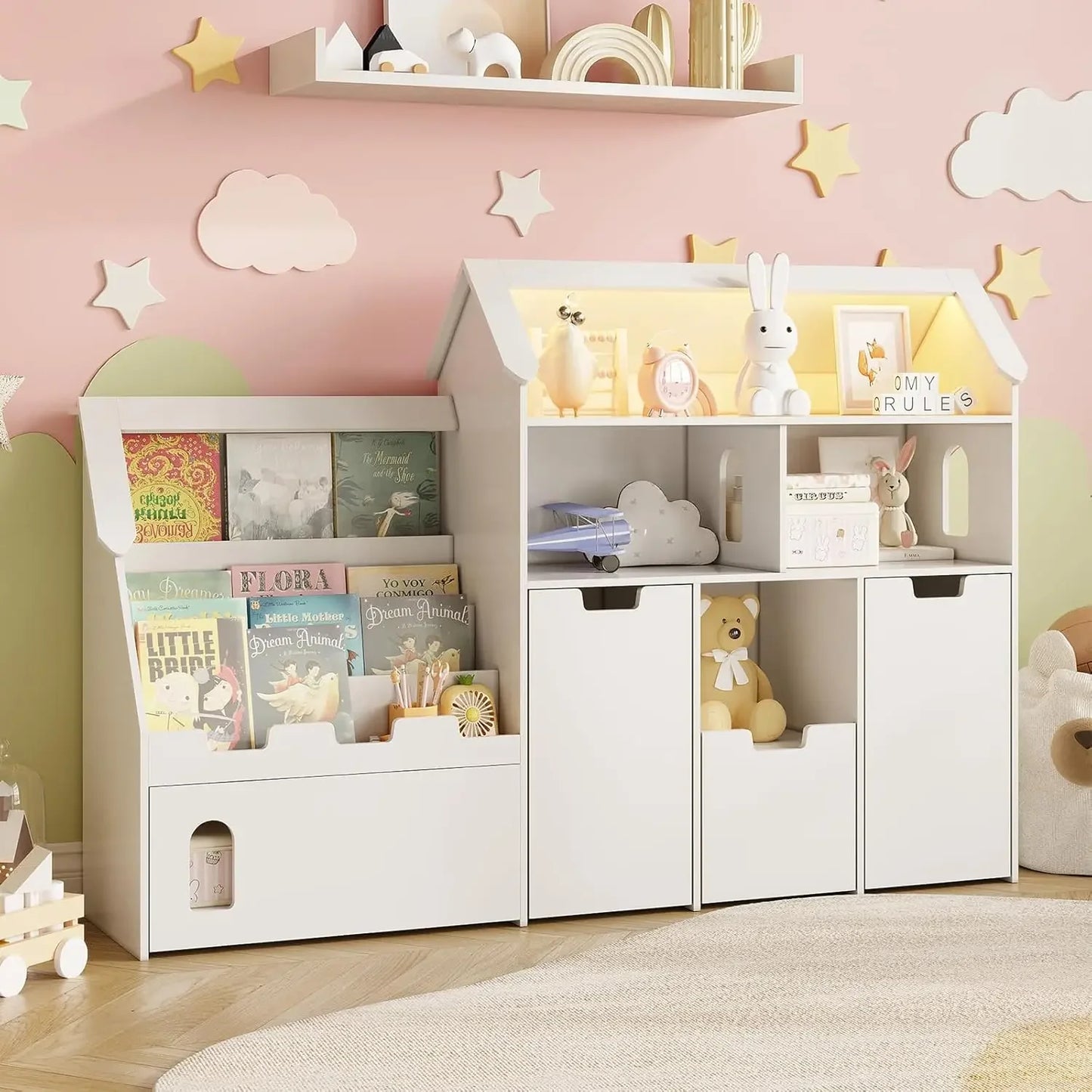White Castle Shaped Kids Bookshelf With Removable Drawers And LED