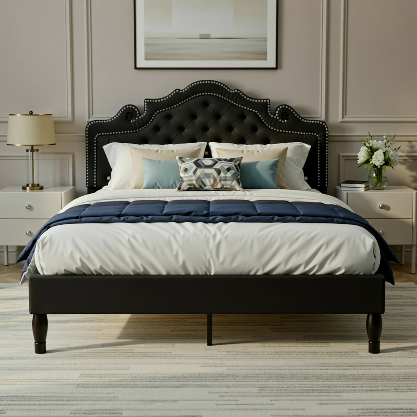 HOOMIC Velvet Tiara Headboard Bed Frame with Storage, Diamond Tufted Upholstered Platform