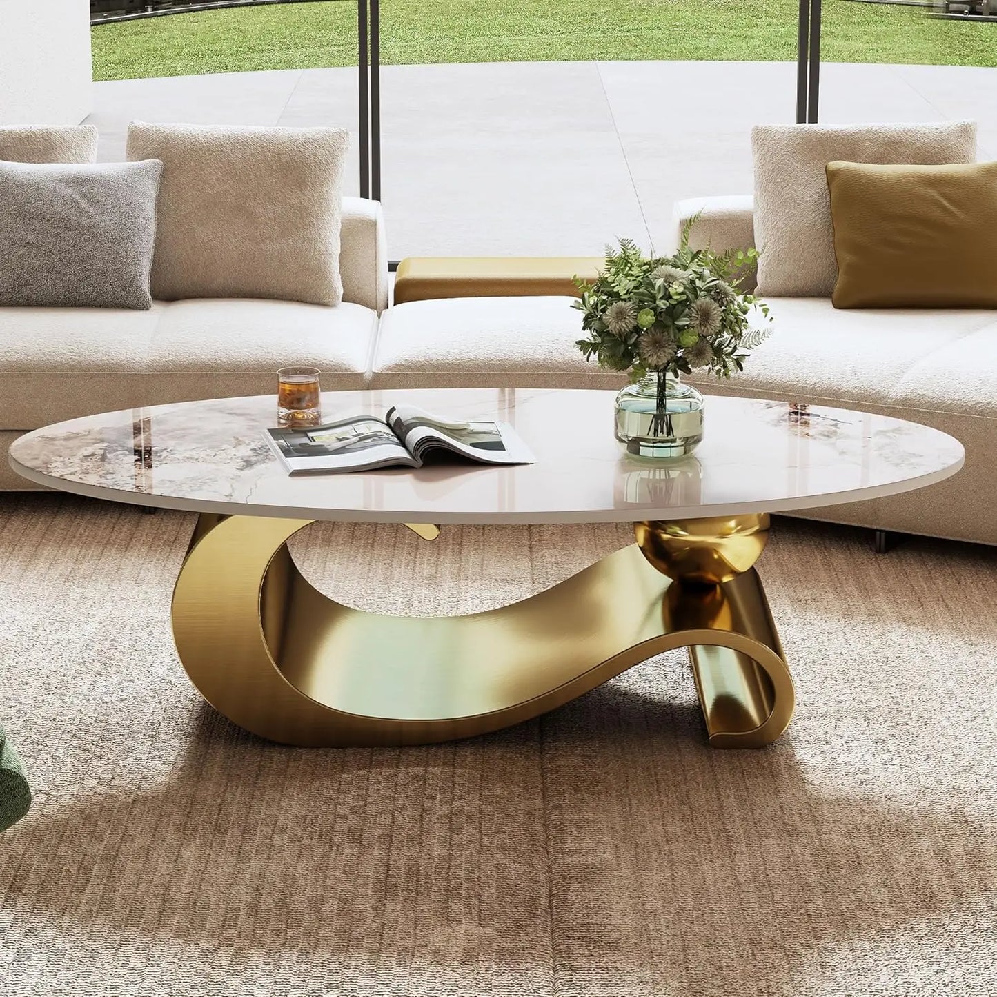 Modern Coffee Table With Silver Stainless Steel Pedestal