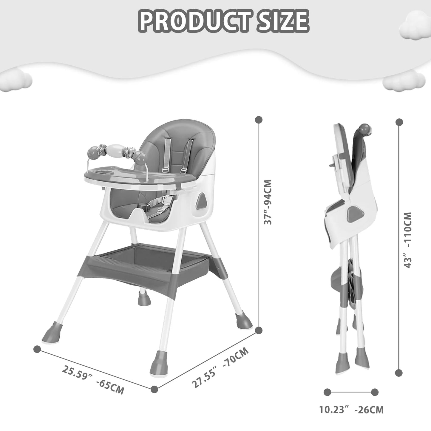 PIORLADO Foldable Baby High Chair With Tray Antislip Pad ToyRack