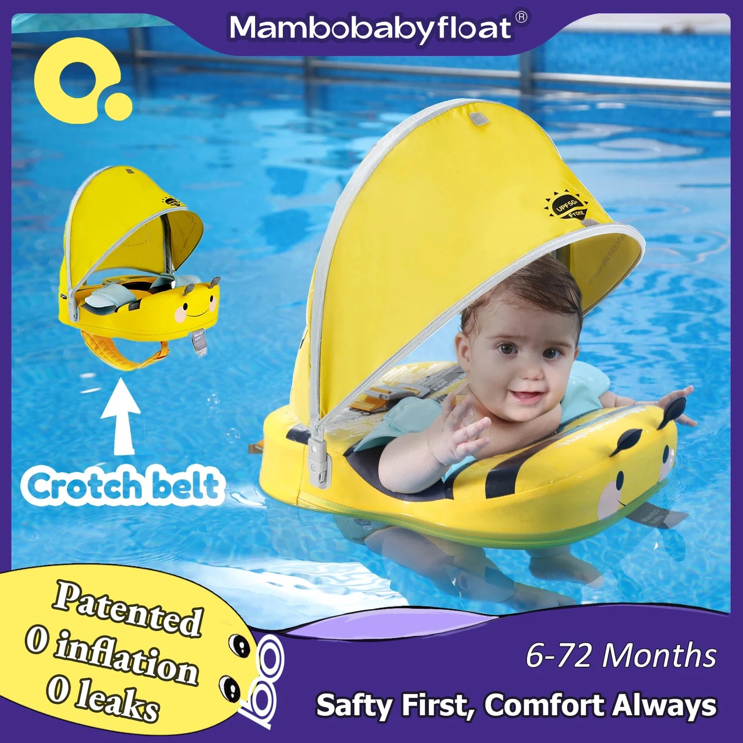 Mambobaby Baby Float With Sunshade And Crotch Strap Inflation Free Core