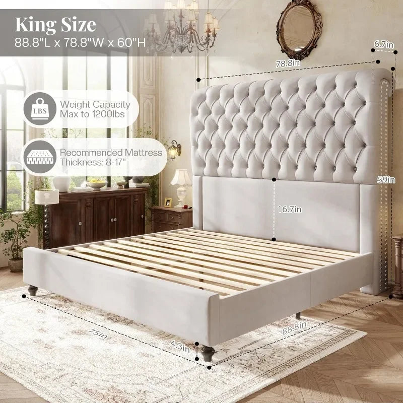 Jocisland King Bed Frame With 59 Inch Velvet Tufted Headboard