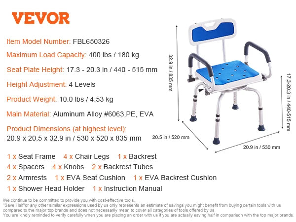 SucceBuy Swivel Shower Chair 360 Degree Adjustable With Armrests