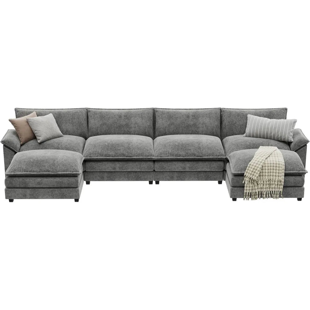 U Shaped Sectional Sofa In Chenille With Removable Ottoman Sleeper