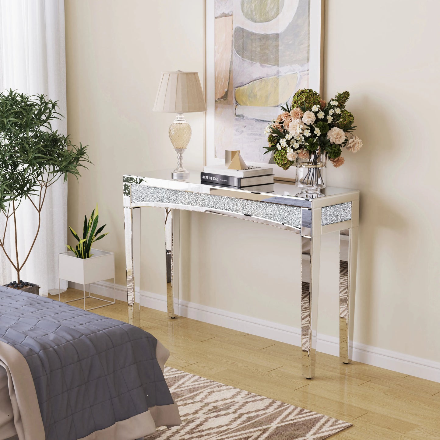 Mirrored Console Table With Crystal Inlay for Living Room