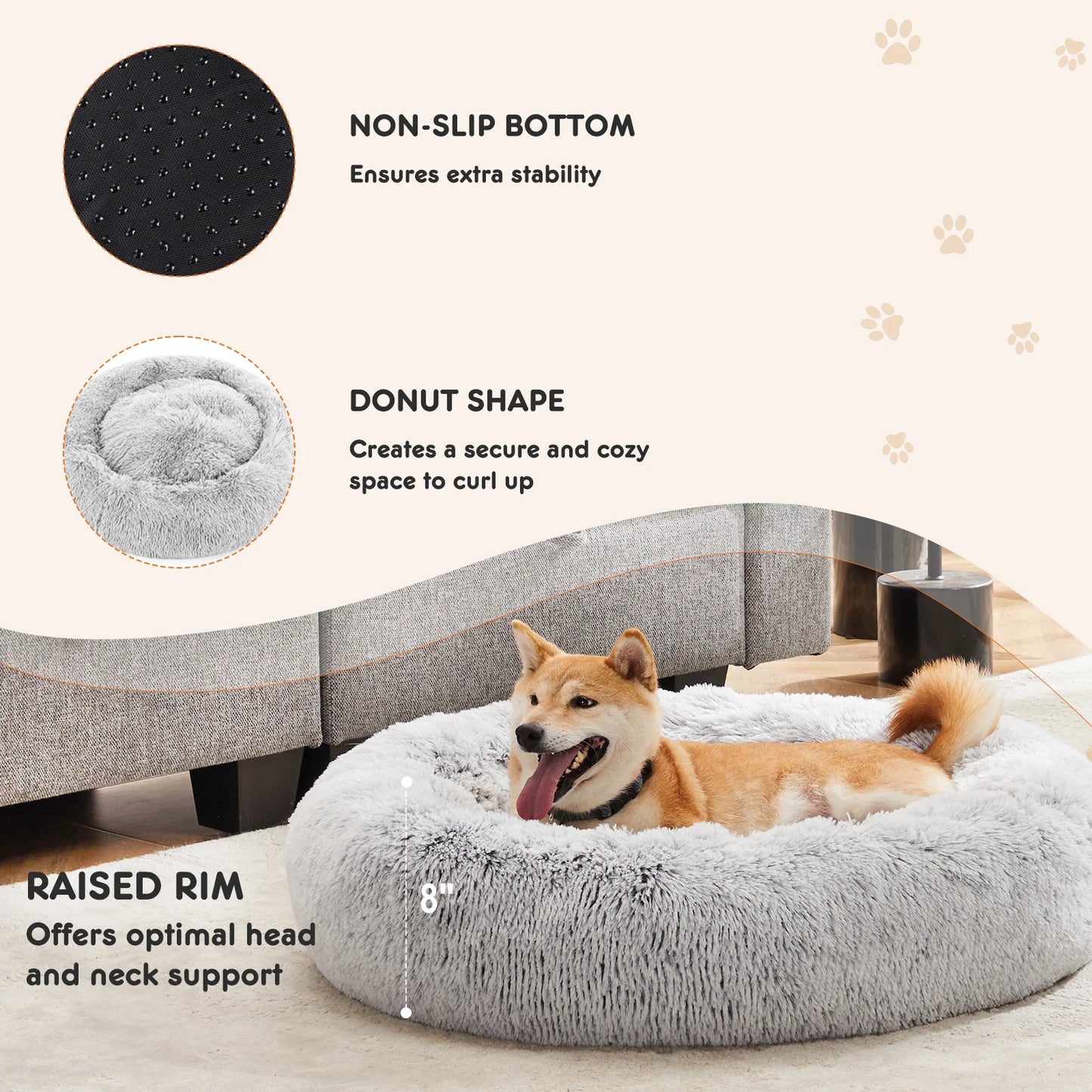 JHK Plush Faux Fur Calming Dog Bed For Home Comfort
