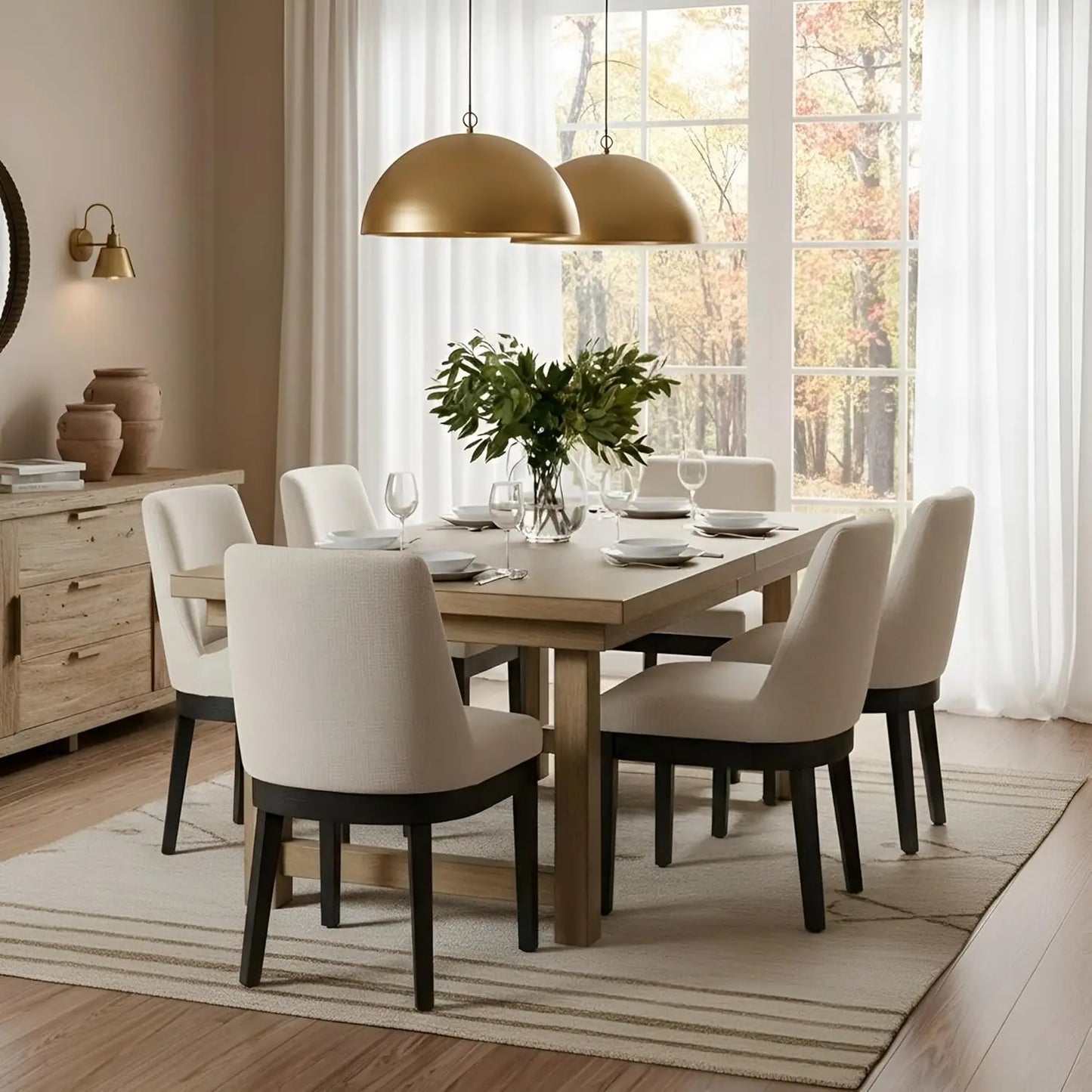 Modern Linen Dining Chairs Set Upholstered Back Wood Legs