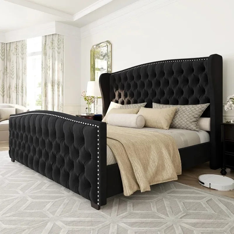 Velvet Upholstered Platform Bed Frame With Wingback Headboard
