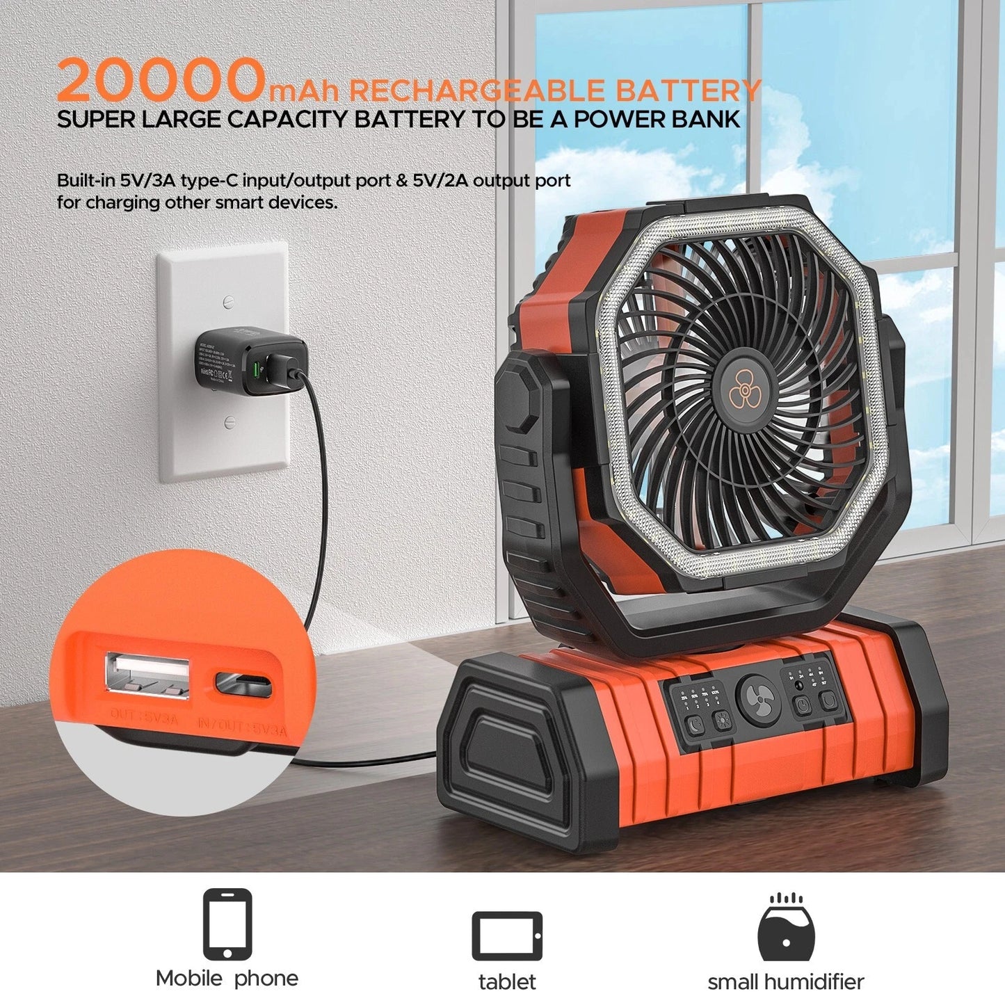 Portable Camping Fan With 20000mAh Battery And LED Light