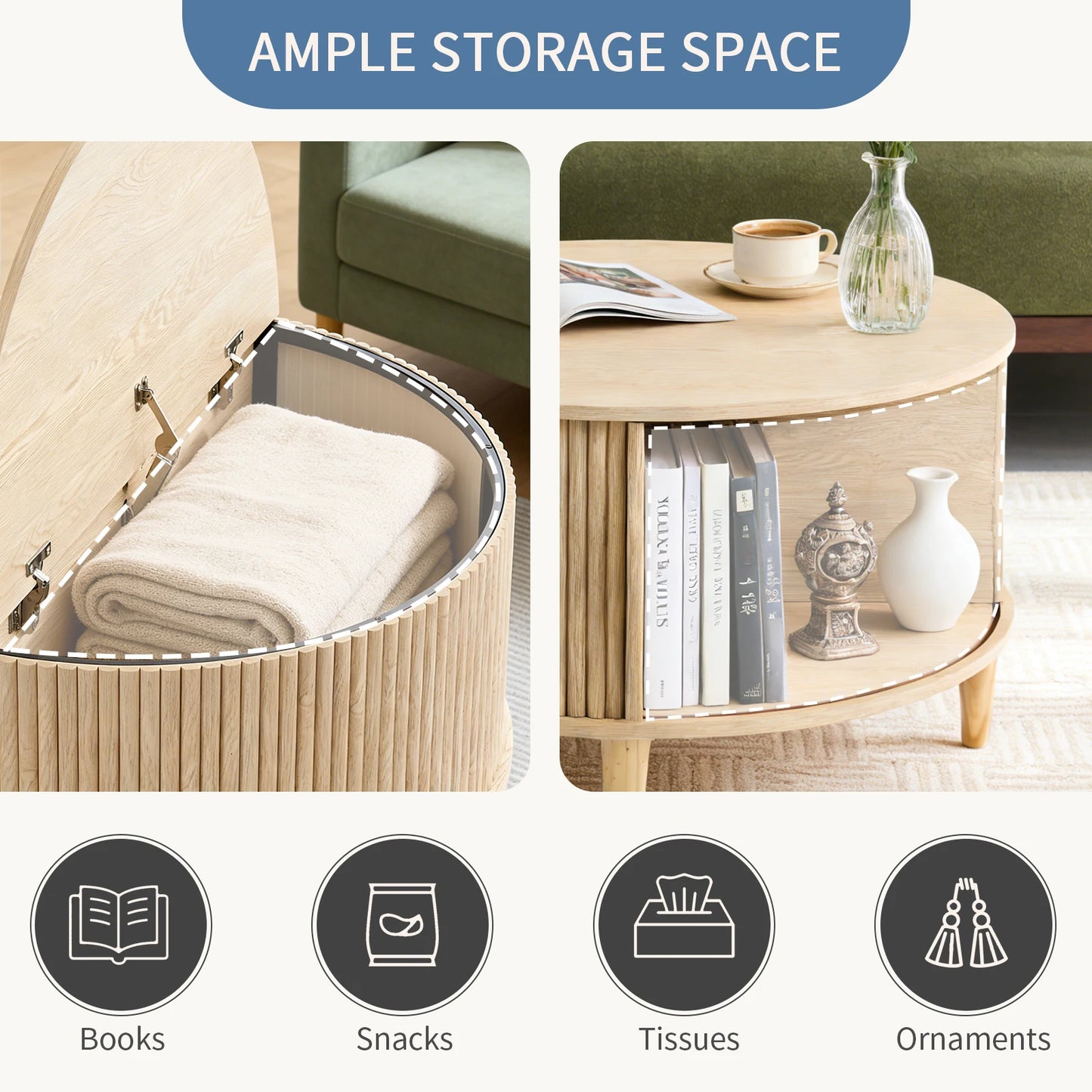 JHK Round Coffee Table With Flip Top Storage Wood Shelves