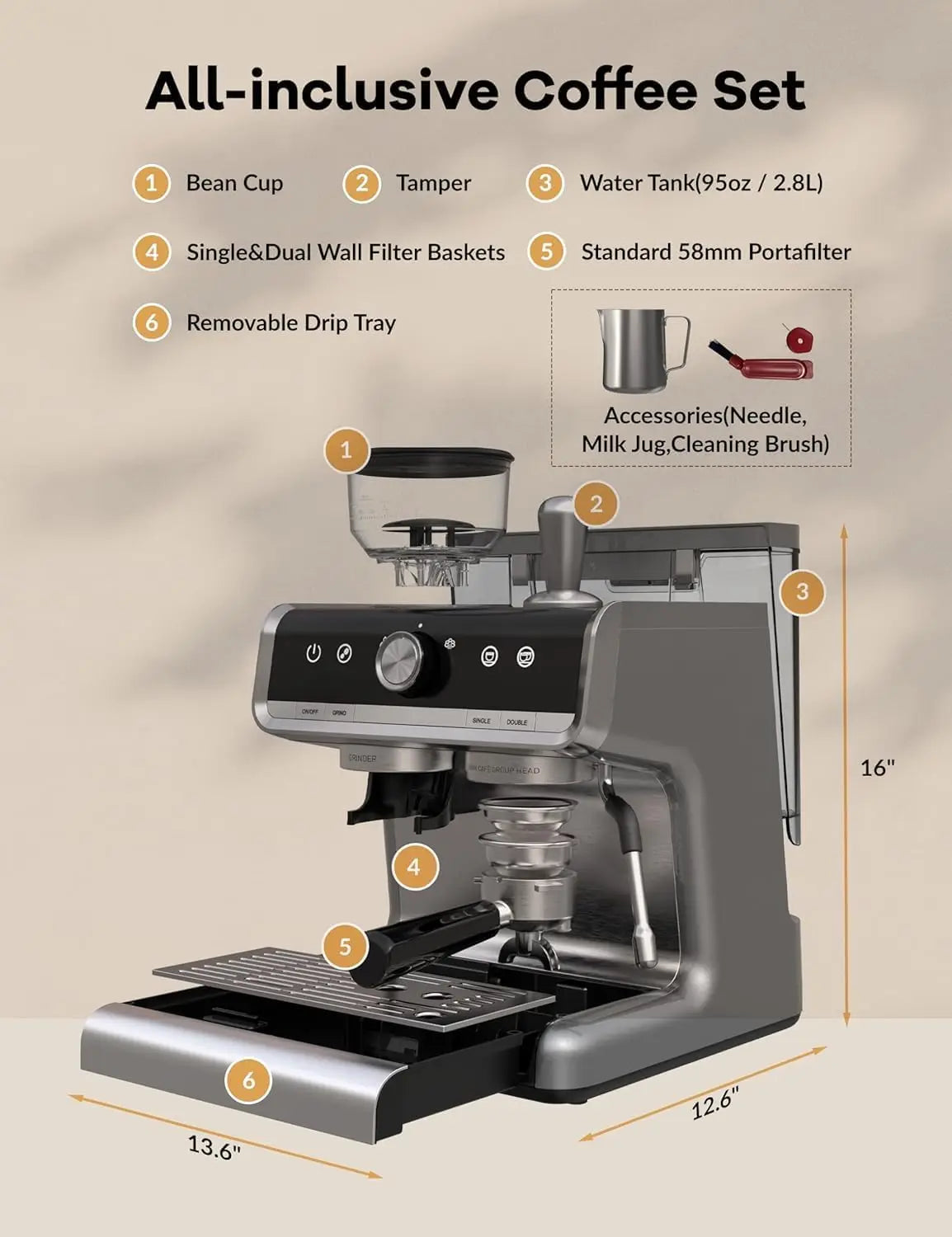 Acekool 20 Bar Espresso Machine With Grinder Semi Automatic