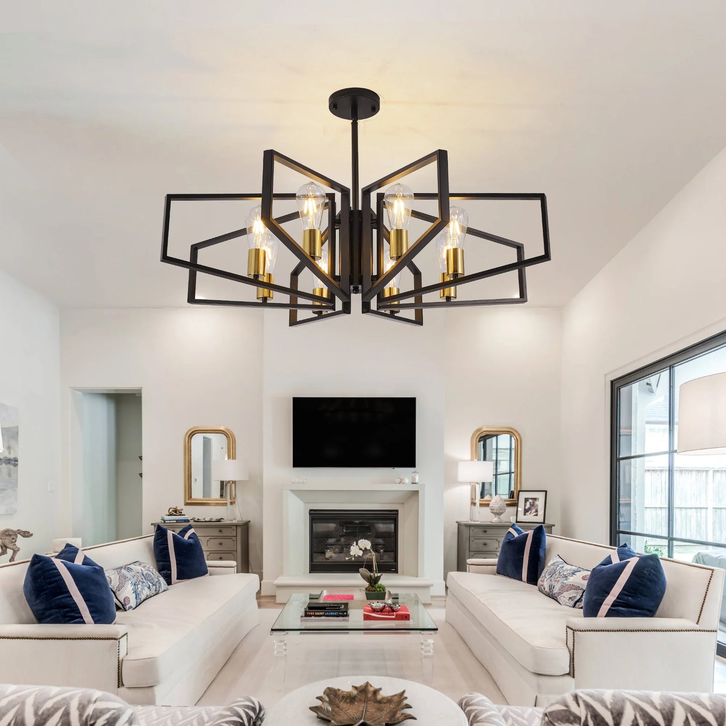 8-Light Geometric Chandelier With Adjustable Height Pendant Light
