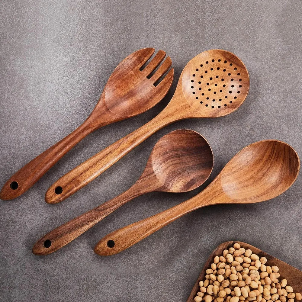 Natural Teak Wood 9-Piece Utensil Set For Nonstick Cookware