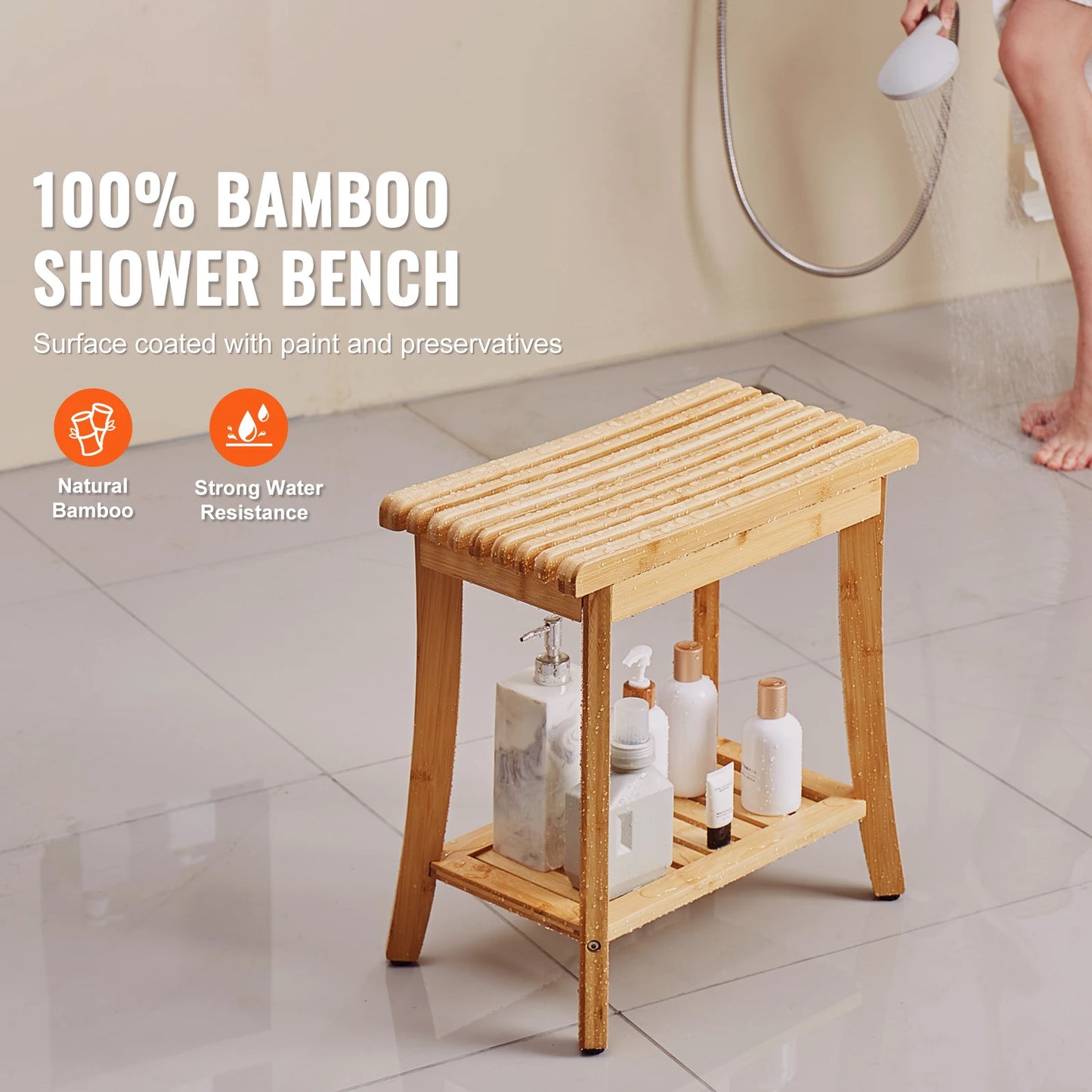 SucceBuy Bamboo Shower Bench With Storage Shelf Waterproof