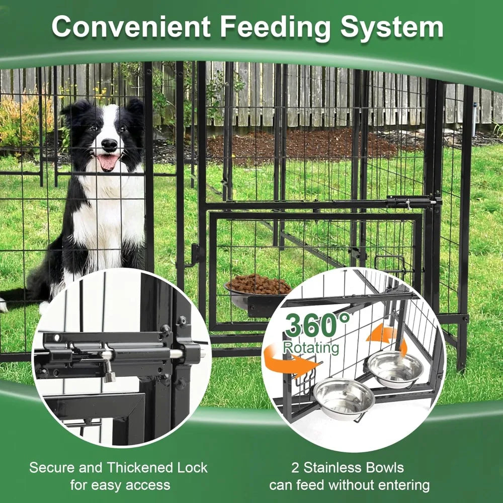 Heavy Duty Outdoor Dog Kennel With Roof, Rotating Bowls, Lock