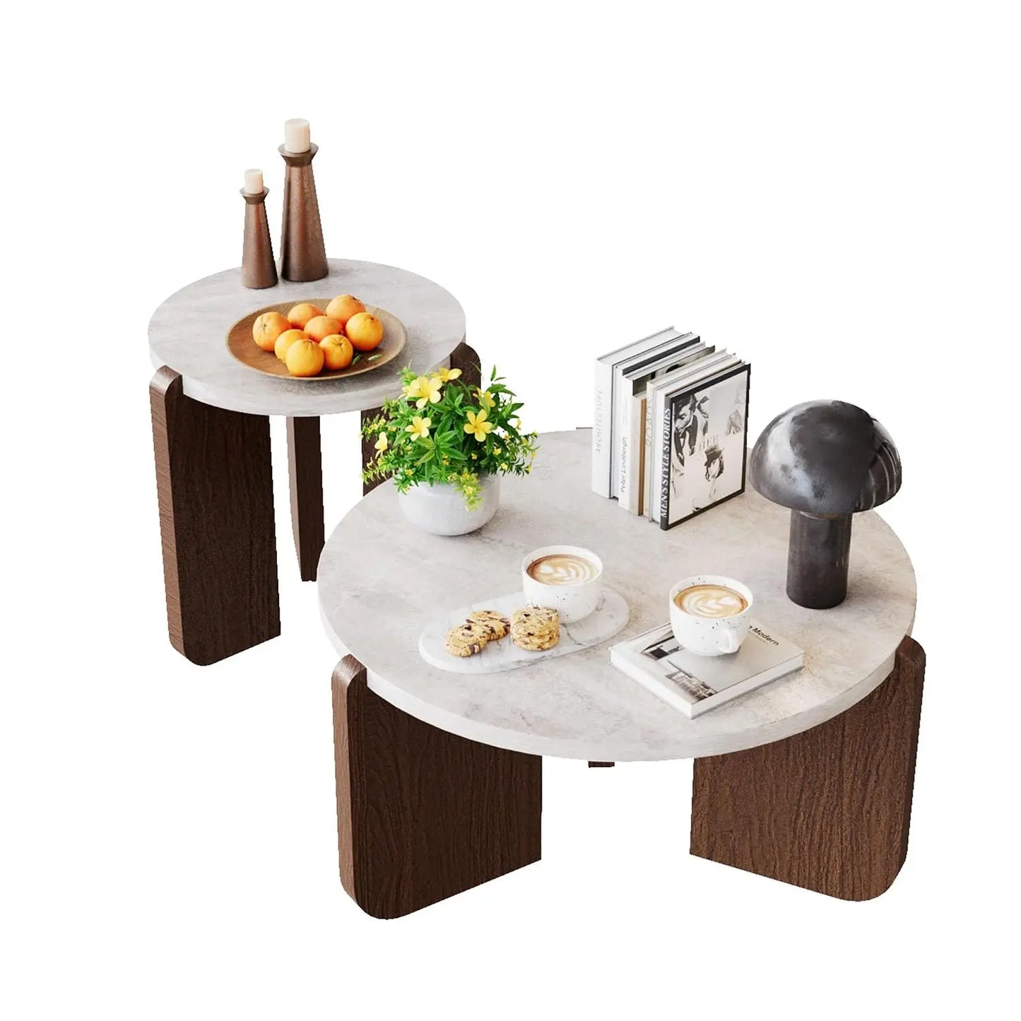 Modern Round Coffee Side Table Set Faux Marble Wooden Top