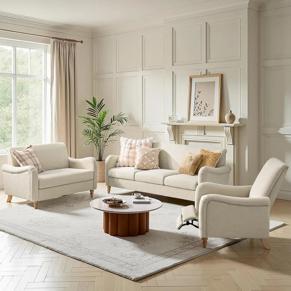 Curved Farmhouse Sofa With Solid Wood Spindle Legs Upholstered Linen