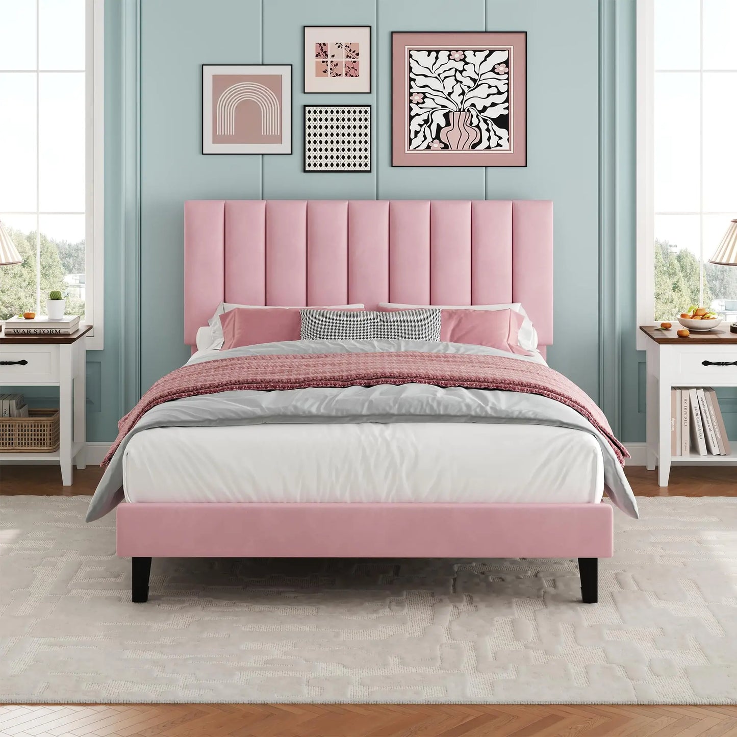 HiMiss Upholstered Platform Bed Frame With Adjustable Tufted Headboard