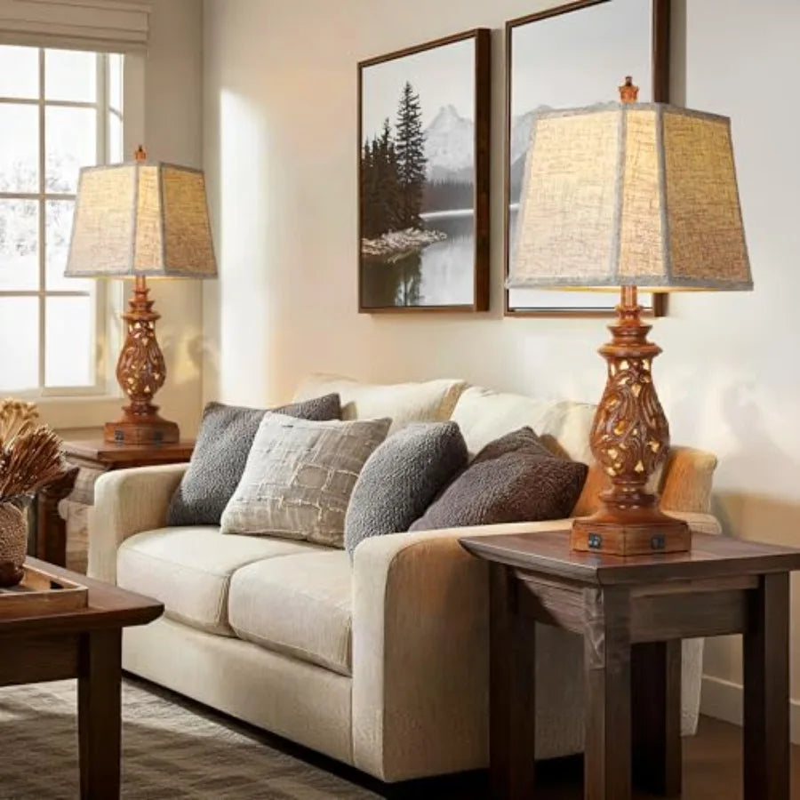 Farmhouse Table Lamps With USB Charging Ports And Night Light