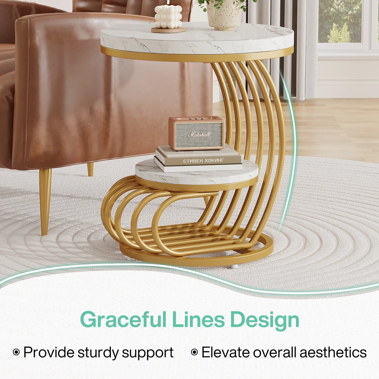 Tribesigns Round End Table With Faux Marble Two Tiers Storage