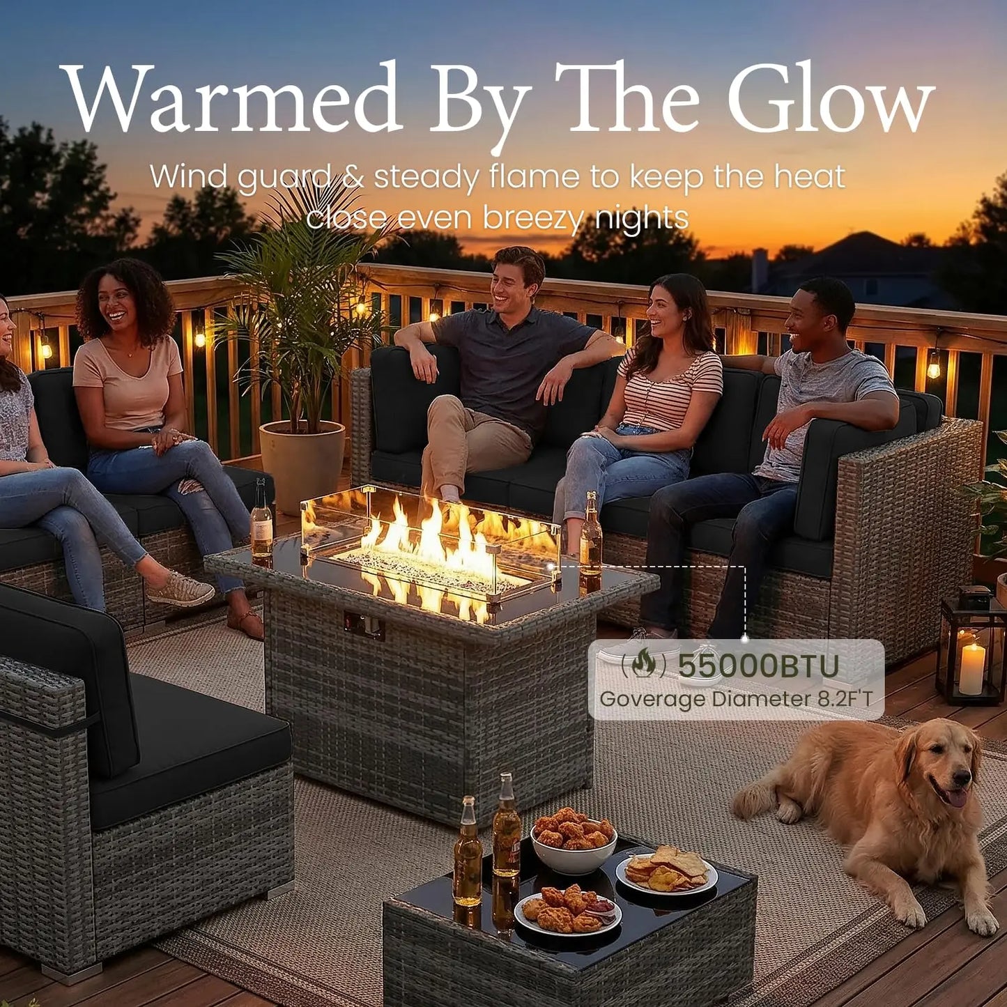 Outdoor Patio Furniture Set With Fire Pit Table In Wicker Rattan