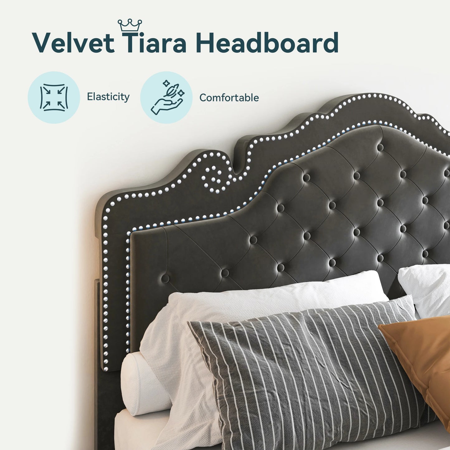 HOOMIC Velvet Tiara Headboard Bed Frame with Storage, Diamond Tufted Upholstered Platform