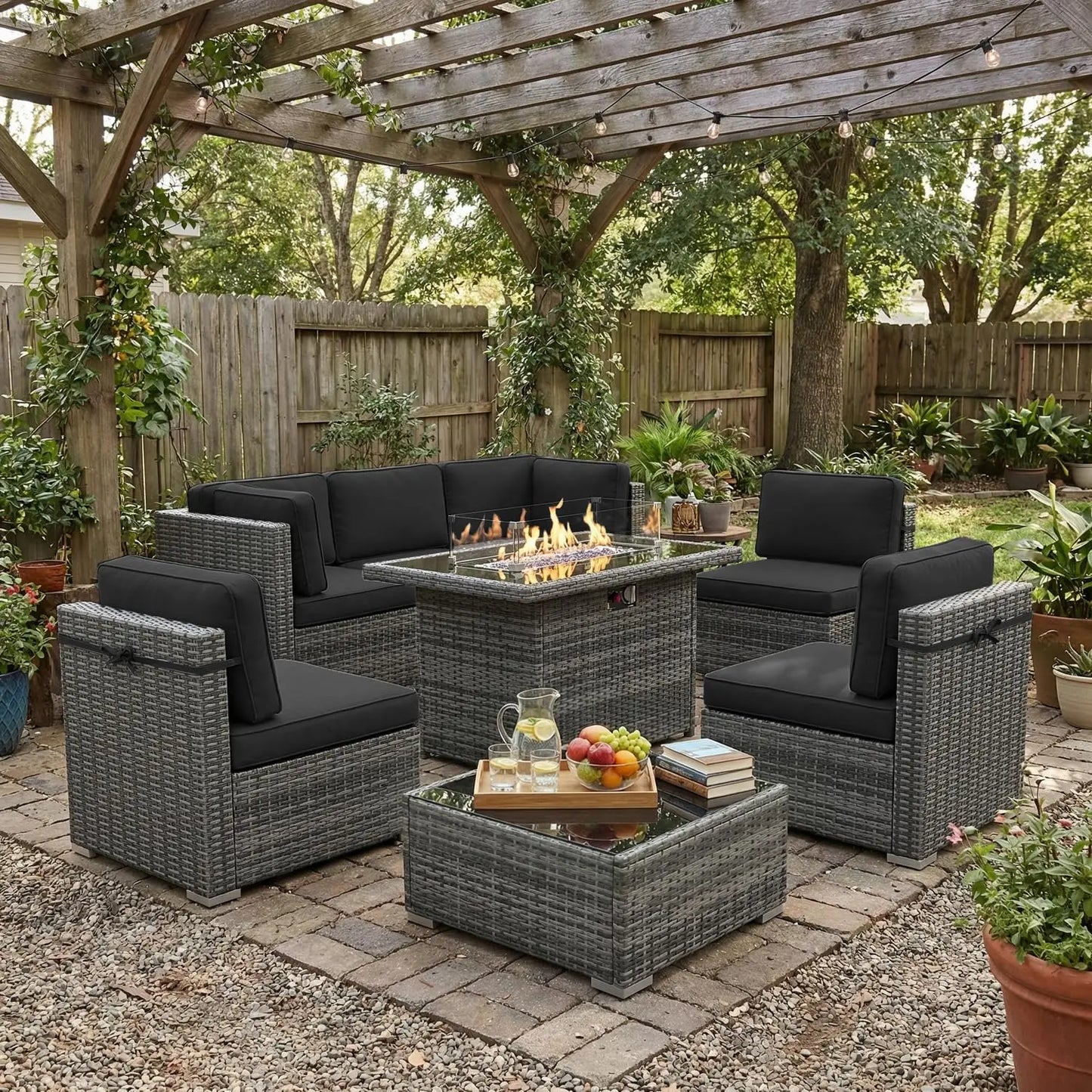 Outdoor Patio Furniture Set With Fire Pit Table In Wicker Rattan