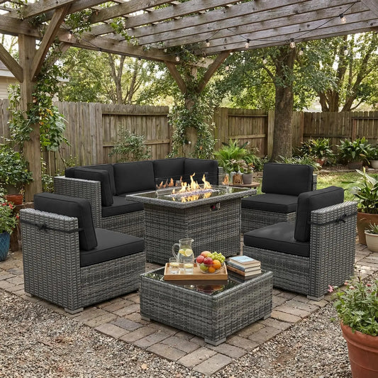 Outdoor Patio Furniture Set With Fire Pit Table In Wicker Rattan