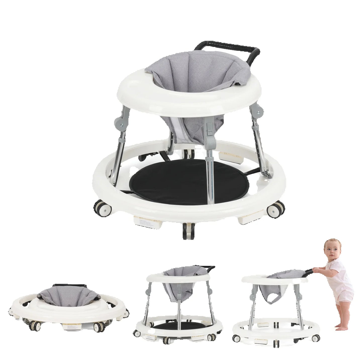 Baby Walker With Adjustable Height Foldable Wheels And Tray