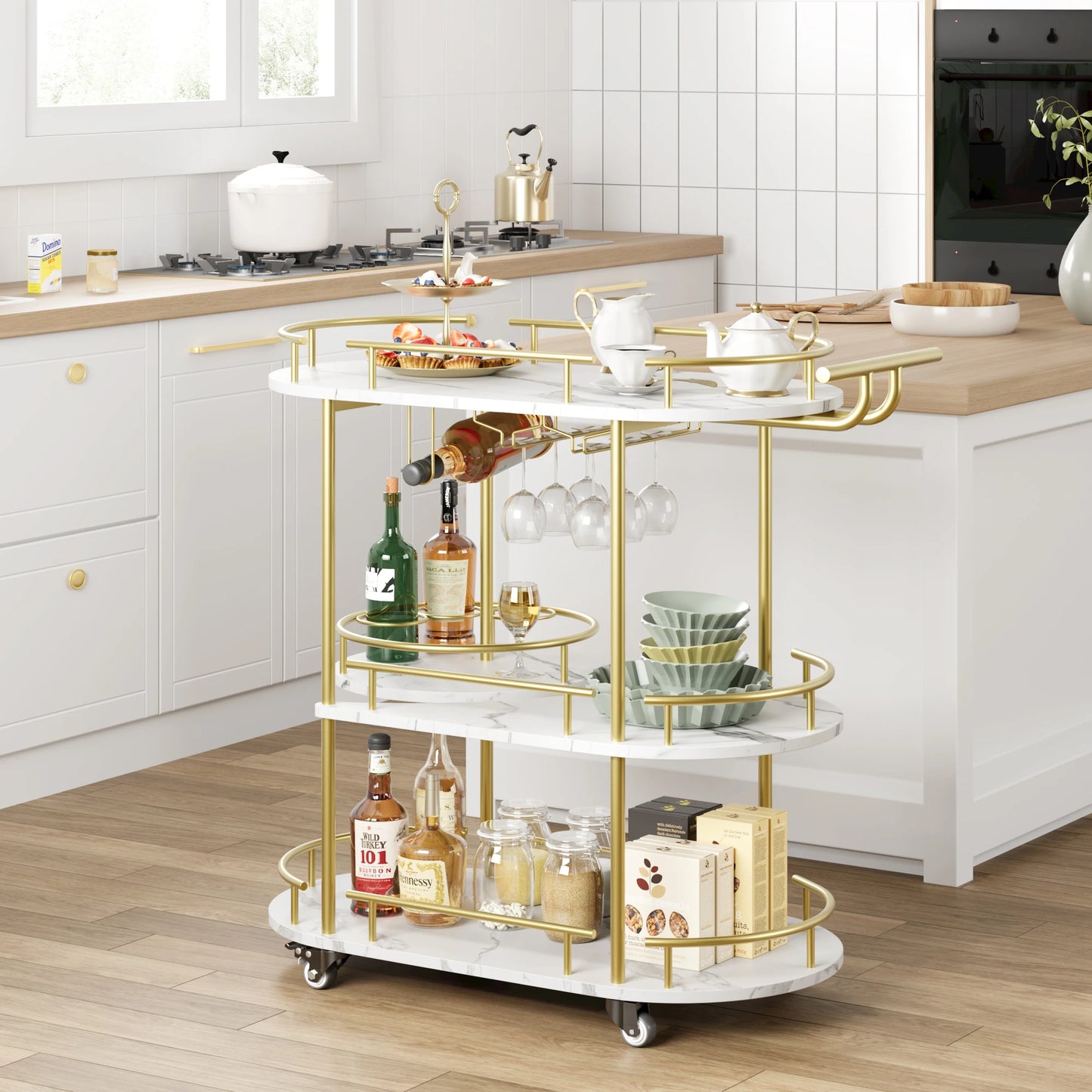HiMISS Three Tier Drinks Trolley Bar Cart With Wheels