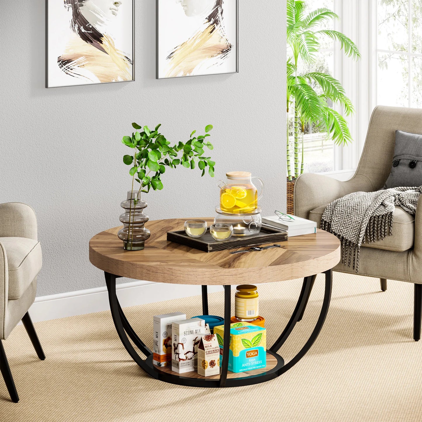 Tribesigns Round Coffee Table With Two Tier Storage Shelves