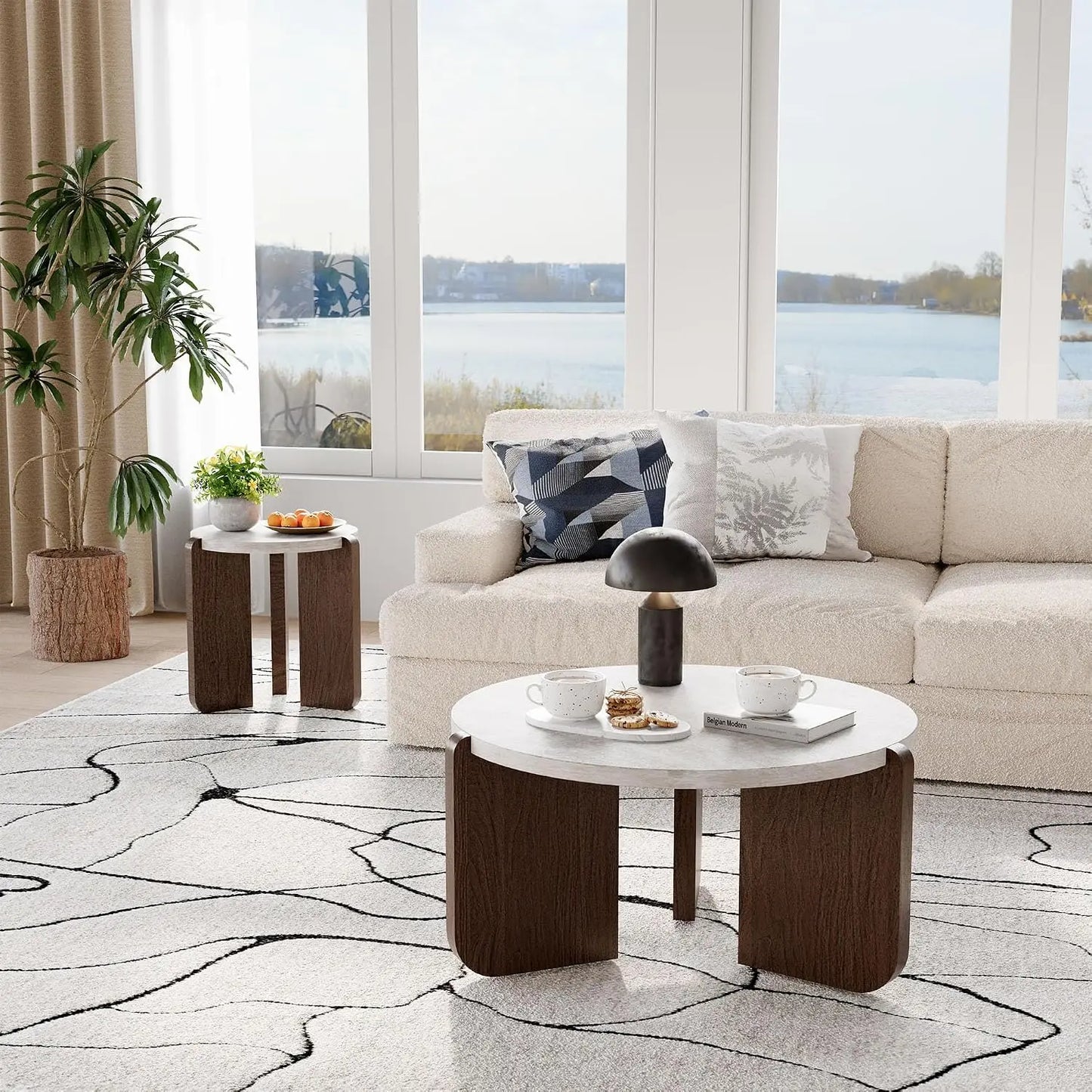 Modern Round Coffee Side Table Set Faux Marble Wooden Top
