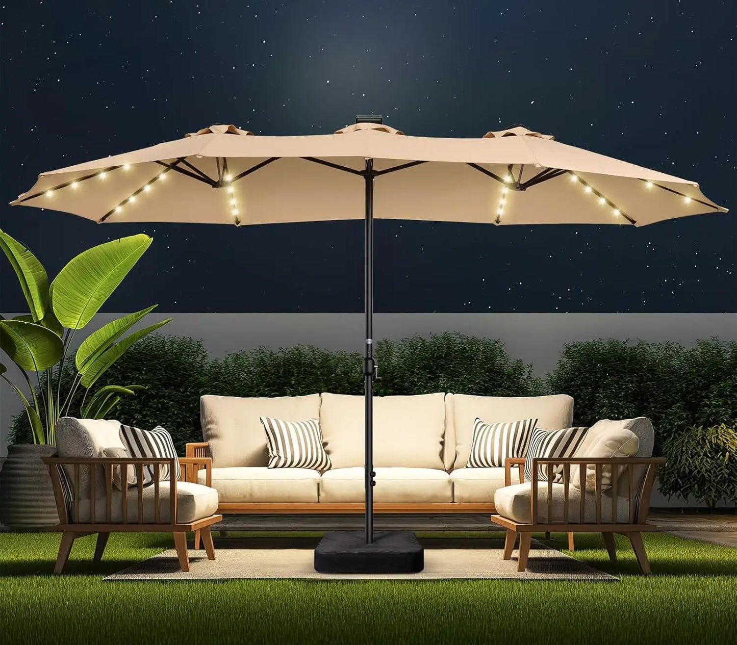 Double Sided Patio Umbrellas With LED Solar Lights And Base