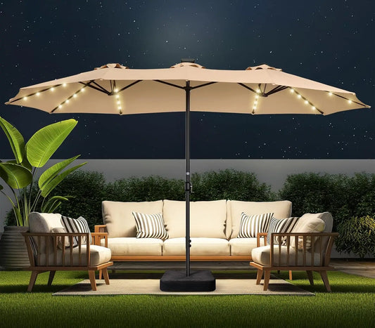 Double Sided Patio Umbrellas With LED Solar Lights And Base